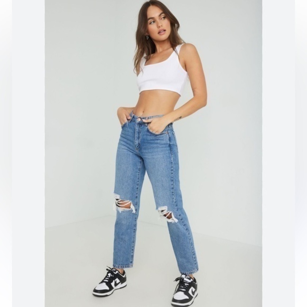 Garage Vintage Highrise Straight Leg Destressed Blue Jeans